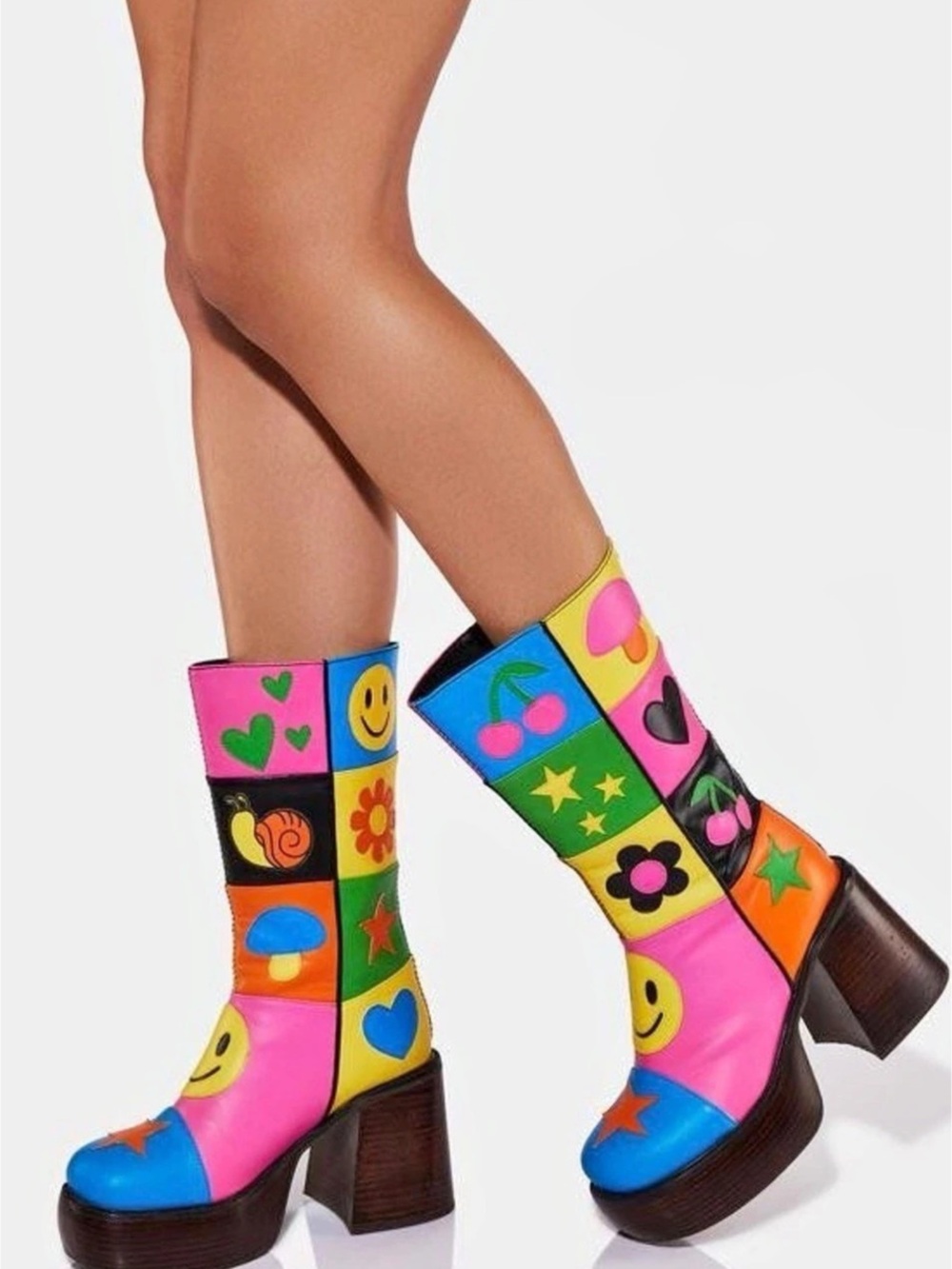 Happy in My Mind Size 7 Platform Boots Colorblock Patchwork Y2K Chunky Heel